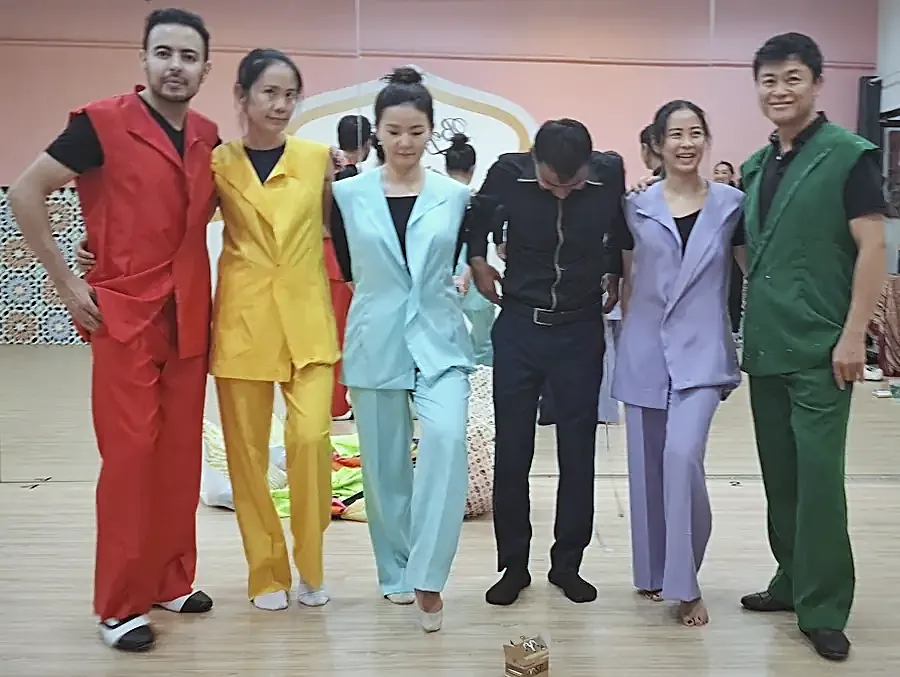 Sleeveless costume suits made for a performance group, one pattern in six colours.