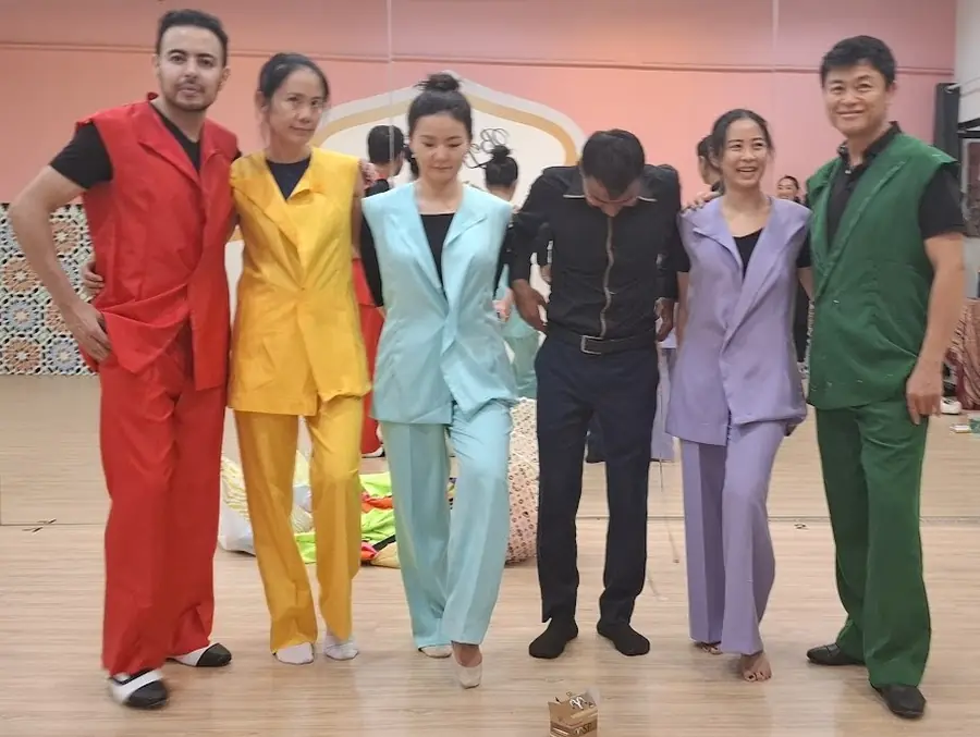 Sleeveless costume suits made for a performance group, one pattern in six colours.