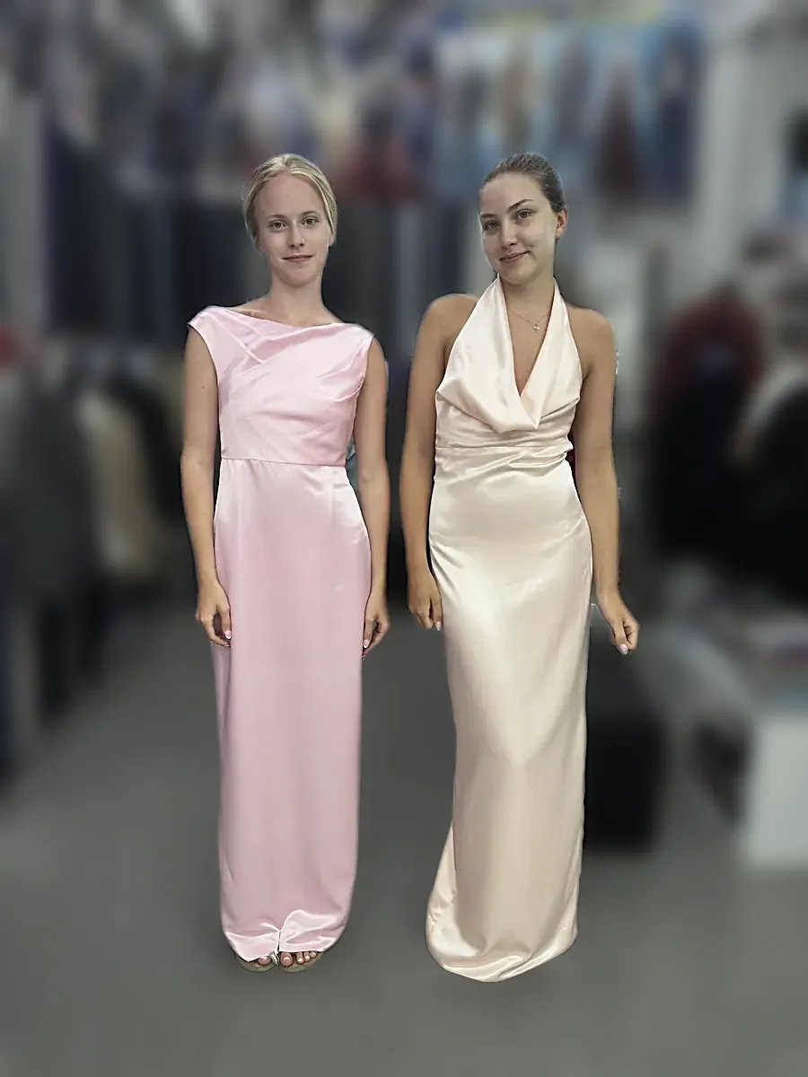 Two evening gowns cut to measure, in pink and blush silk.